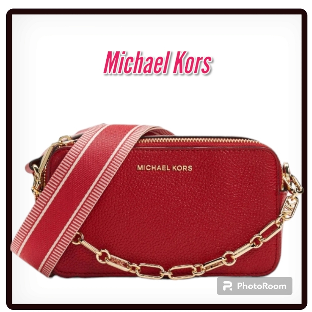 🥳SOLD🥳Michael Kors Women's Red Jet Set Small Pebbled Leather Double Zip Camera - Picture 1 of 13